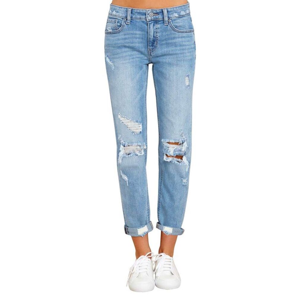 Vetinee Womens Azure Mood High Rise Destroyed Girlfriend Tapered Jeans